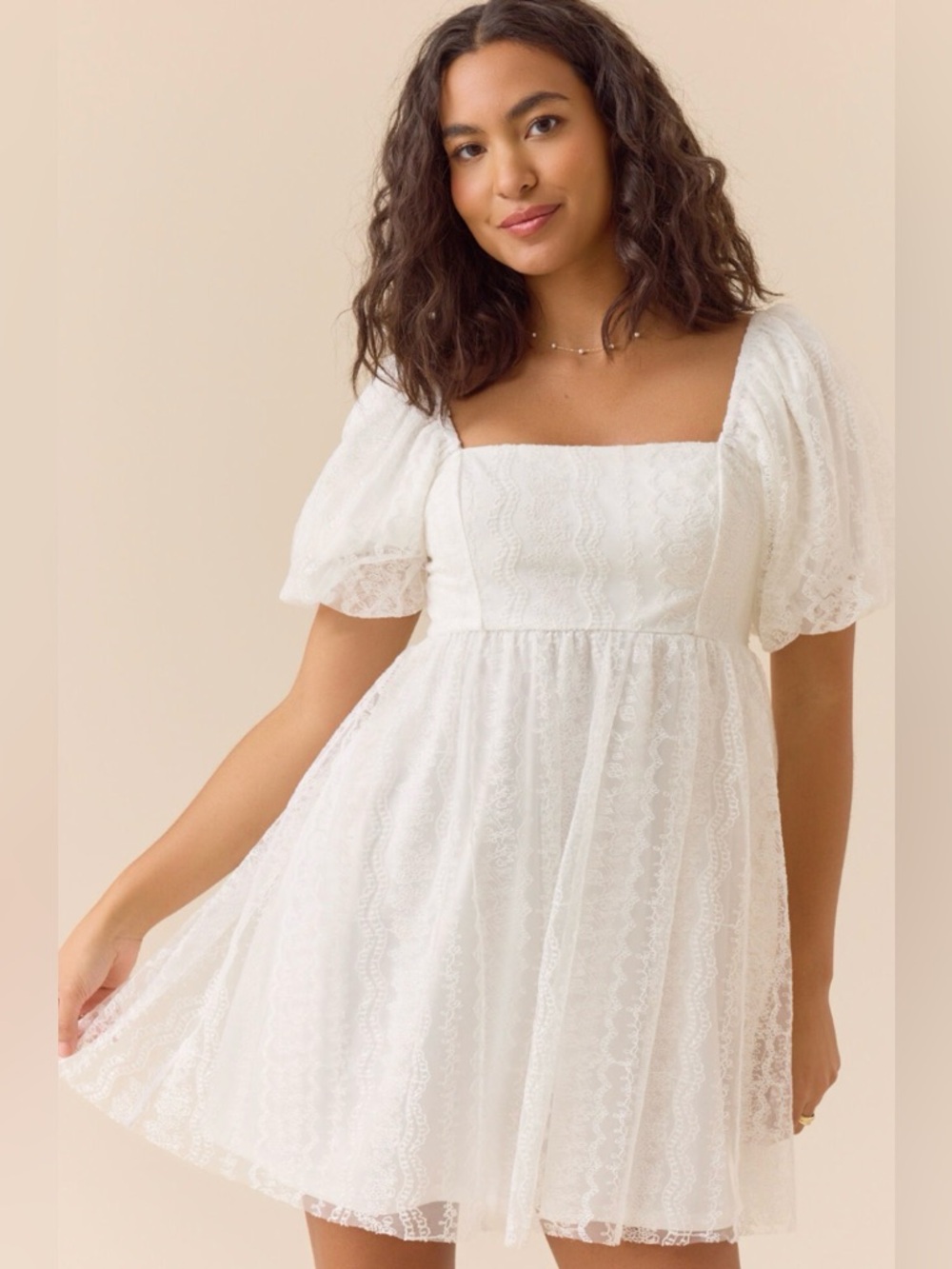 Altar'd State White Lace Square-Neck Puff Sleeve Mini Dress